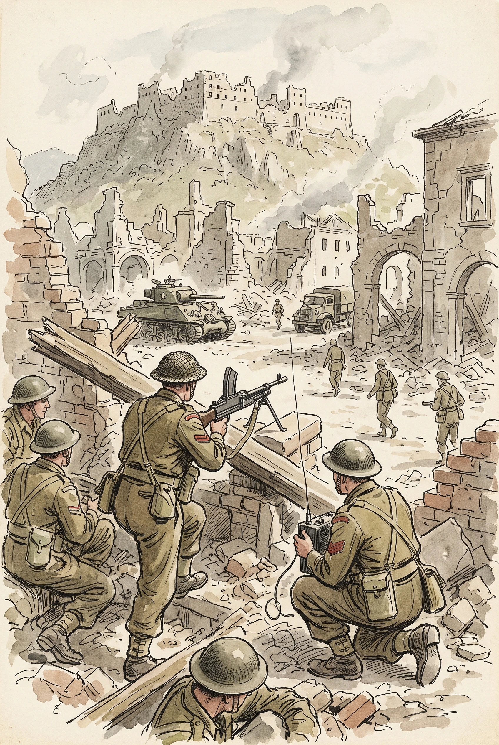 Campaign illustration of British troops among the ruins of Cassino