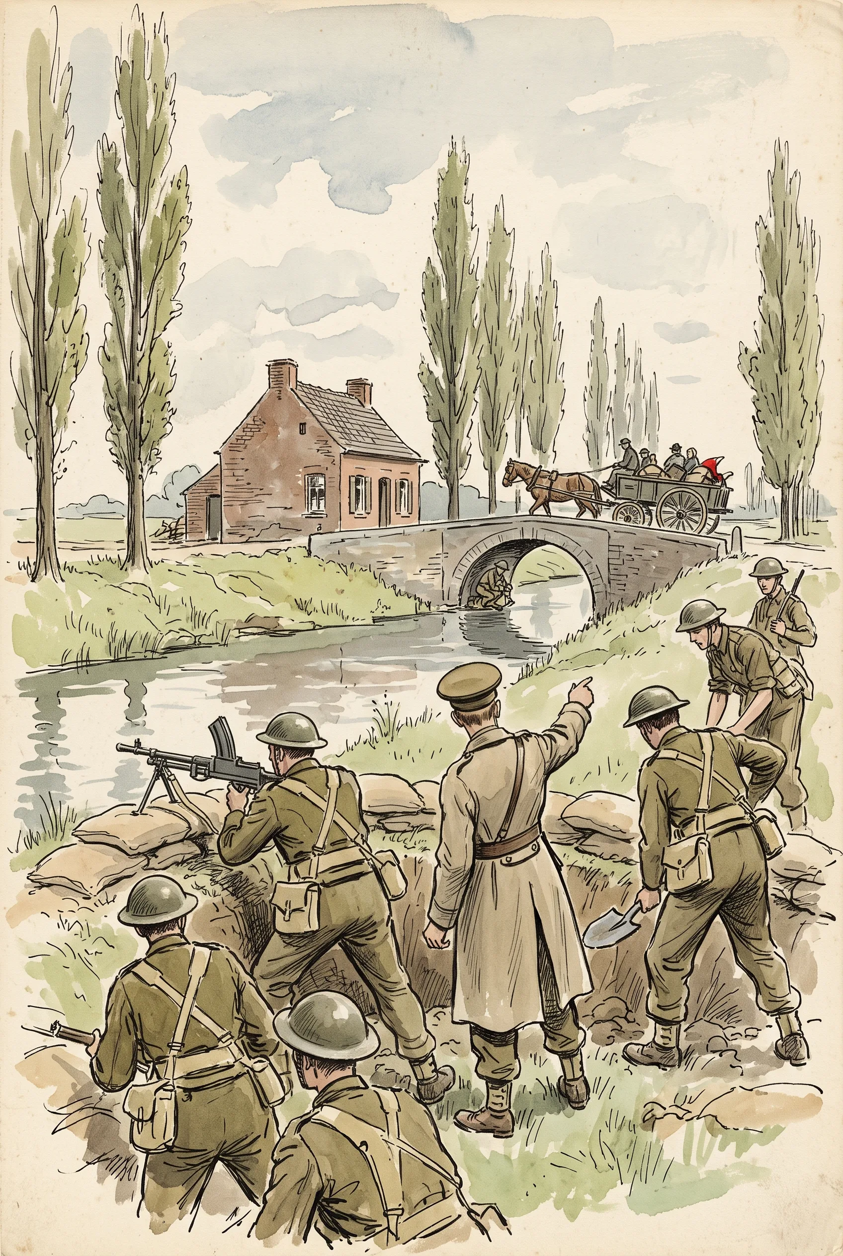 Campaign illustration of British troops digging in beside a Belgian river