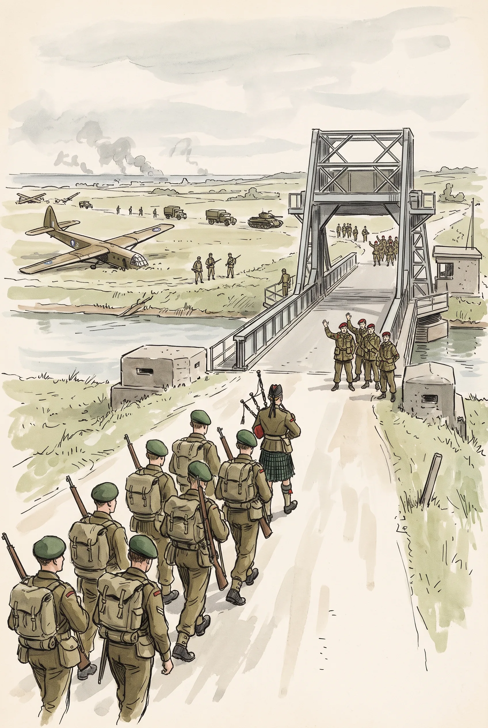 Campaign illustration of British commandos led by a piper marching to Pegasus Bridge