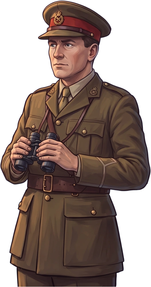 Approved British officer with binoculars, supplied as a transparent layer