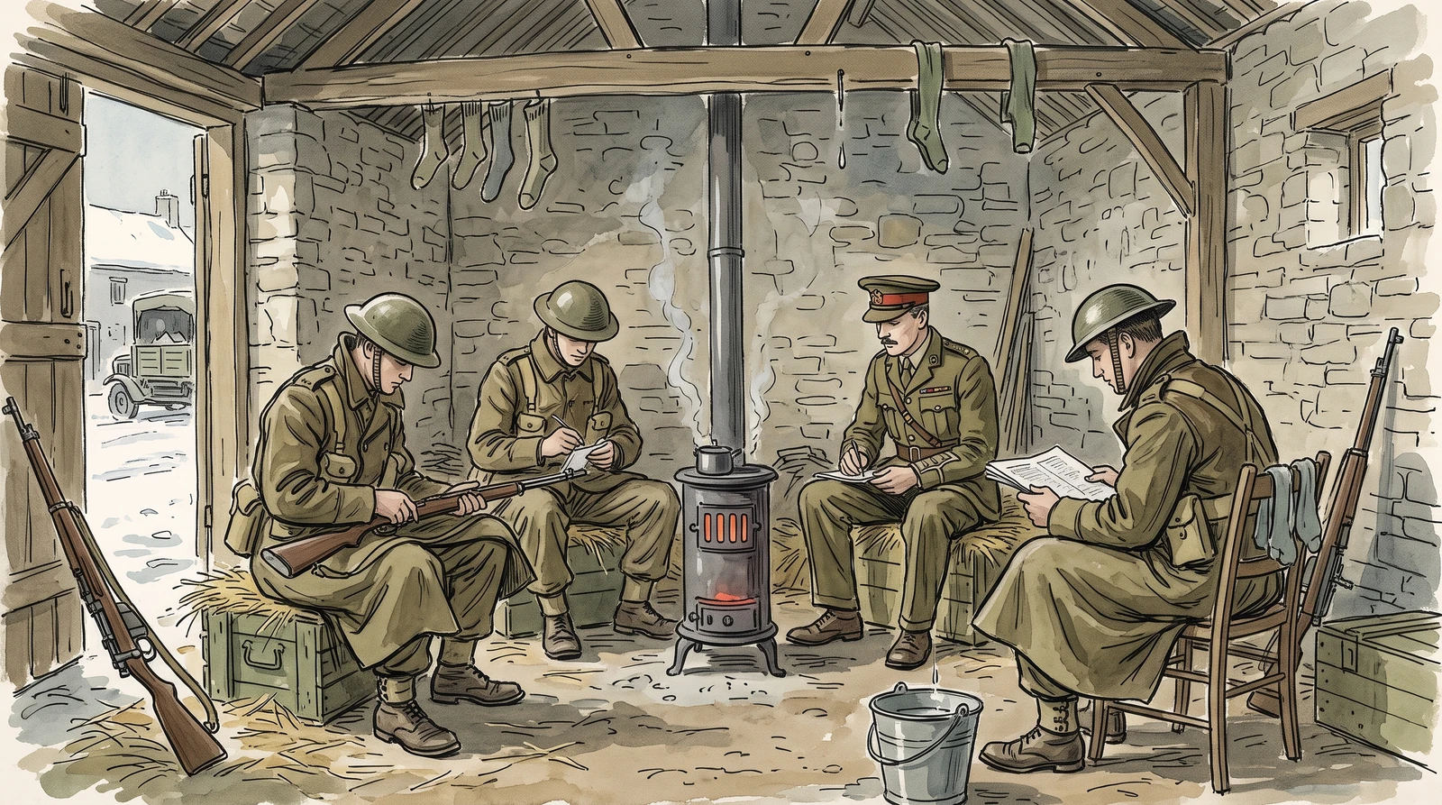 Ink-and-watercolour campaign diary illustration of British troops in their winter billets
