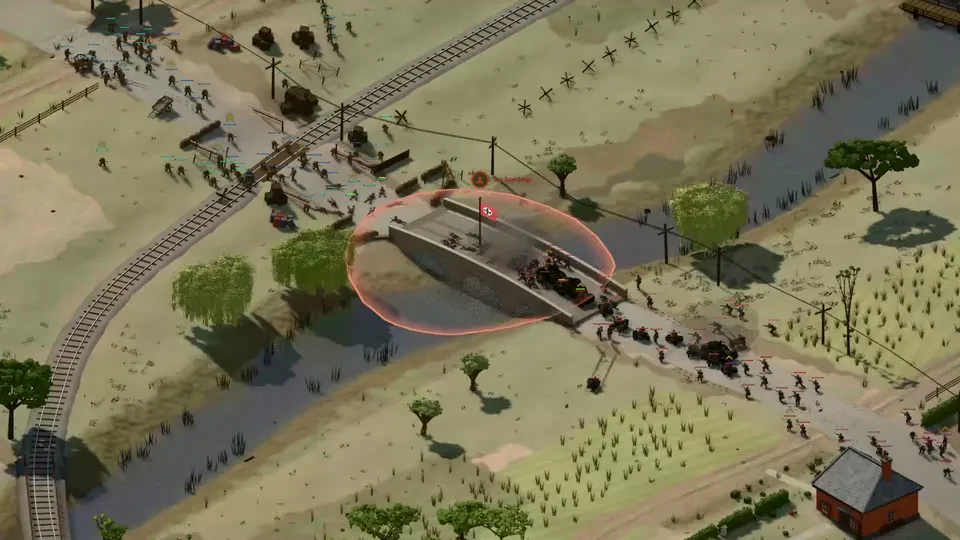 Gameplay view of British and German troops fighting over a bridge on the Dyle